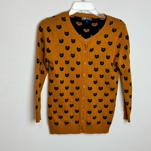Yemak Black Cat Patterned mustard Yellow cardigan Sweater 3/4 sleeve size S - Picture 6 of 13